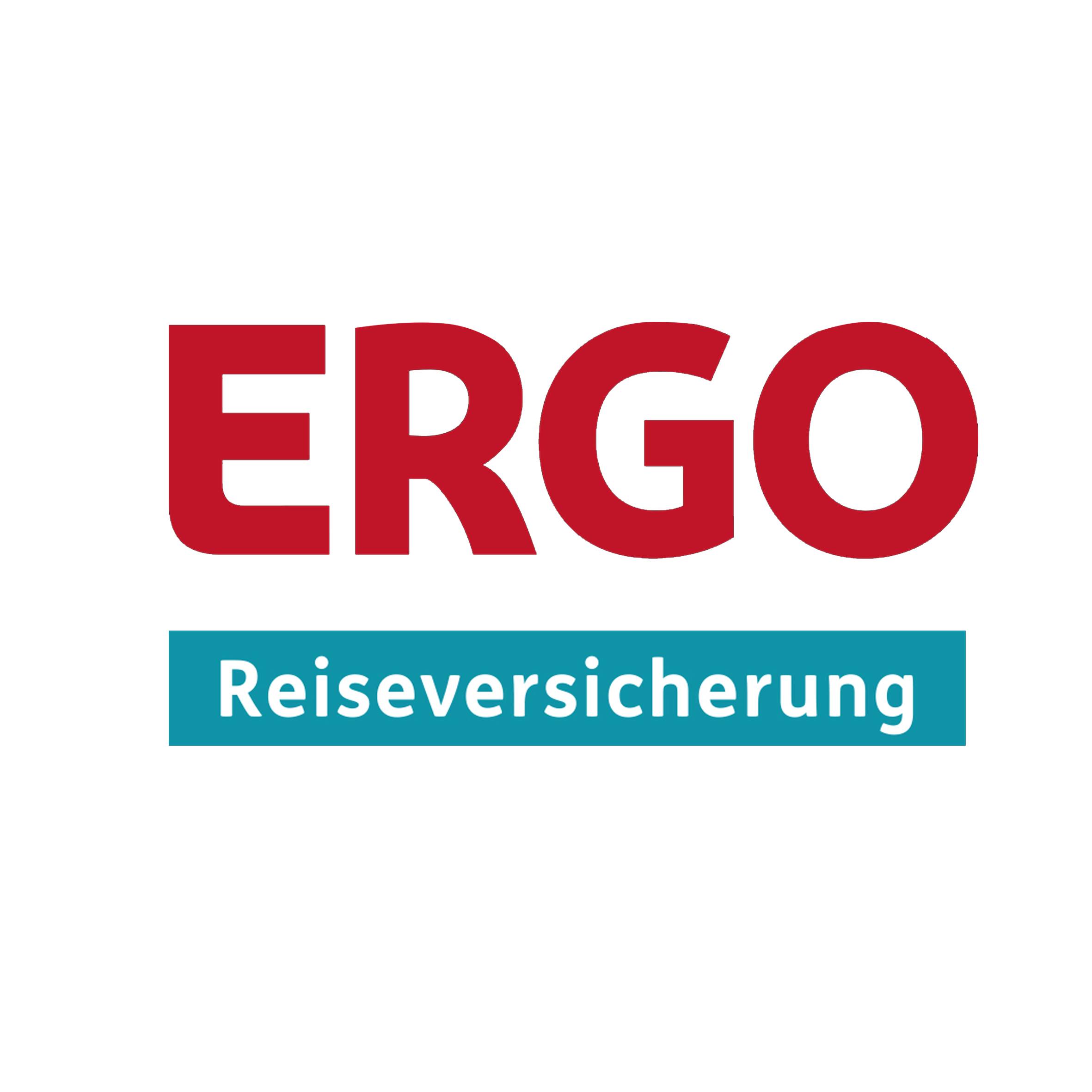 Logo der ERGO Reiseversicherung mit rotem Schriftzug und blauem Hintergrund.