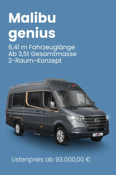 Malibu Genius Wohnmobil mit 6,41 m Fahrzeuglänge und 2-Raum-Konzept in grauer Farbe.