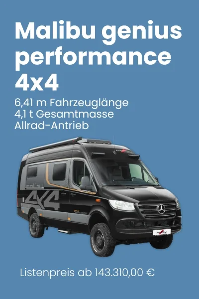 Malibu Genius Performance 4x4 Wohnmobil in Schwarz mit Allradantrieb und technischen Spezifikationen.