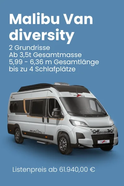 Malibu Van Diversity mit zwei Grundrissen und bis zu vier Schlafplätzen auf einem blauen Hintergrund.