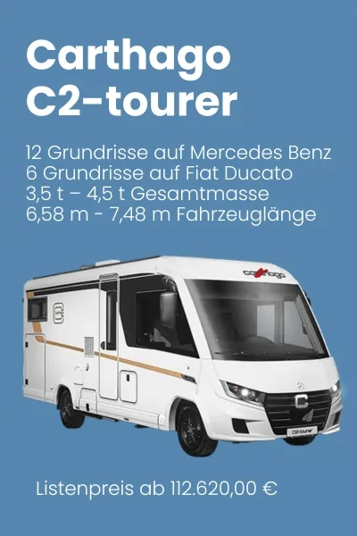 Carthago C2-Tourer Wohnmobil mit technischen Spezifikationen und Preisangabe.
