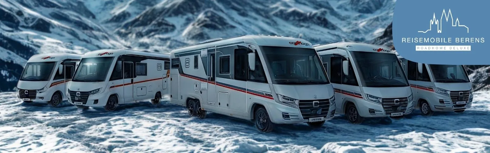 Mehrere Reisemobile in einer Reihe, präsentiert vor einer Berglandschaft mit schneebedeckten Gipfeln.