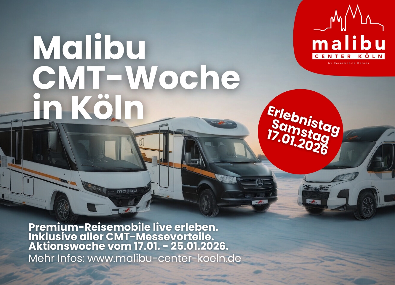 Malibu Wohnmobile auf einem verschneiten Gelände während der CMT-Woche in Köln.